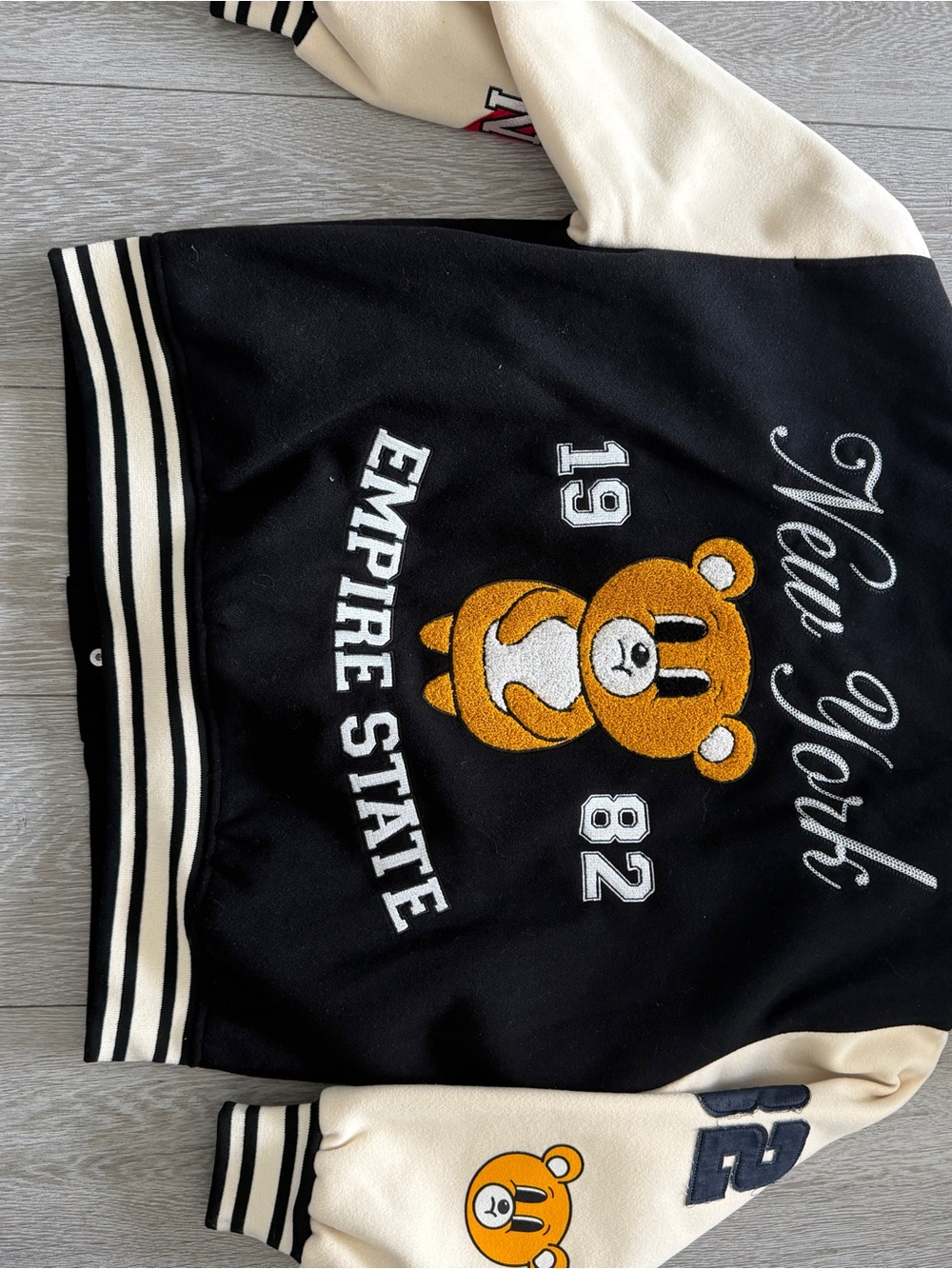Forever 21 Black and Cream Varsity Jacket with Teddy Patch